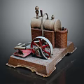Antique Mechanical Steam Device Featuring Iron Boiler Red Wheel And Brick Base Structure