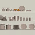 Elegant White Ceramic Tableware Set With Plates Cups And Storage Jars On Shelf 3d model