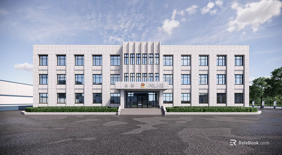 Modern Office Building With White Exterior Large Windows Front Entrance Steps And Green Plants 3d model 
