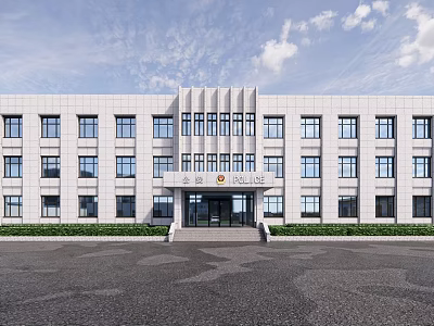 Modern Office Building With White Exterior Large Windows Front Entrance Steps And Green Plants 3d model