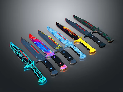 Colorful Neon Bladed Knives With Black Handles Arranged In A Row 3d model