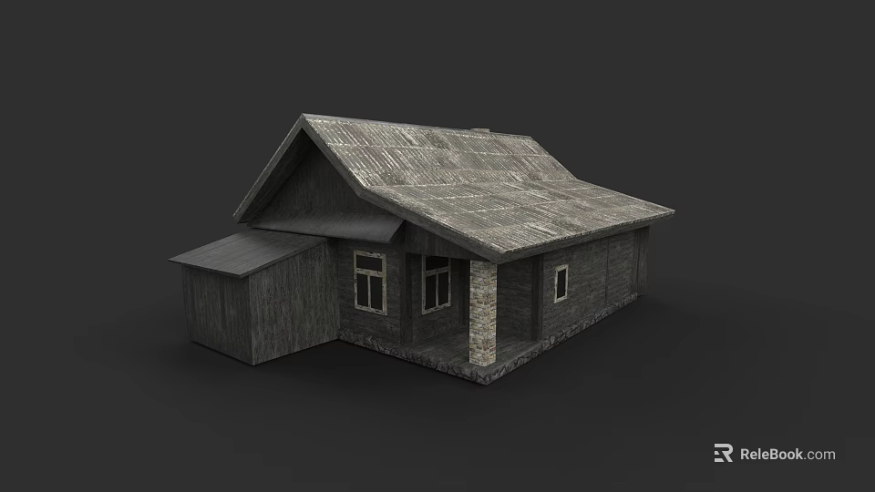 Wooden Detached Villa Exterior With Gray Roof Windows And Stone Base 3d model 