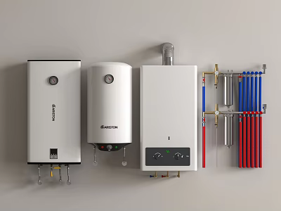 White Water Heaters And Plumbing Components With Blue Red Pipes 3d model
