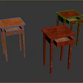 Three Orange And Red Side Tables With Drawers And Slender Legs On Dark Reflective Surface