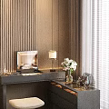 Modern Black Dressing Table With Table Lamp Flower Arrangement And Stool In Bedroom
