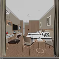 Modern Hotel Guest Room Featuring Twin Beds City View Window Wooden Furniture And Decorative Paintings