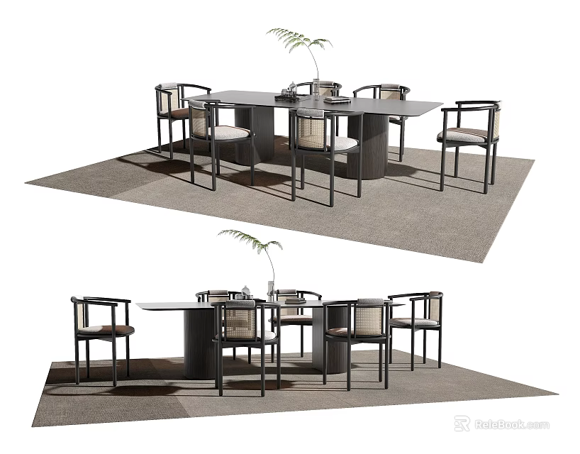 Modern Dining Table Set With Rectangular Round Design Matching Chairs And Potted Plant 3d model