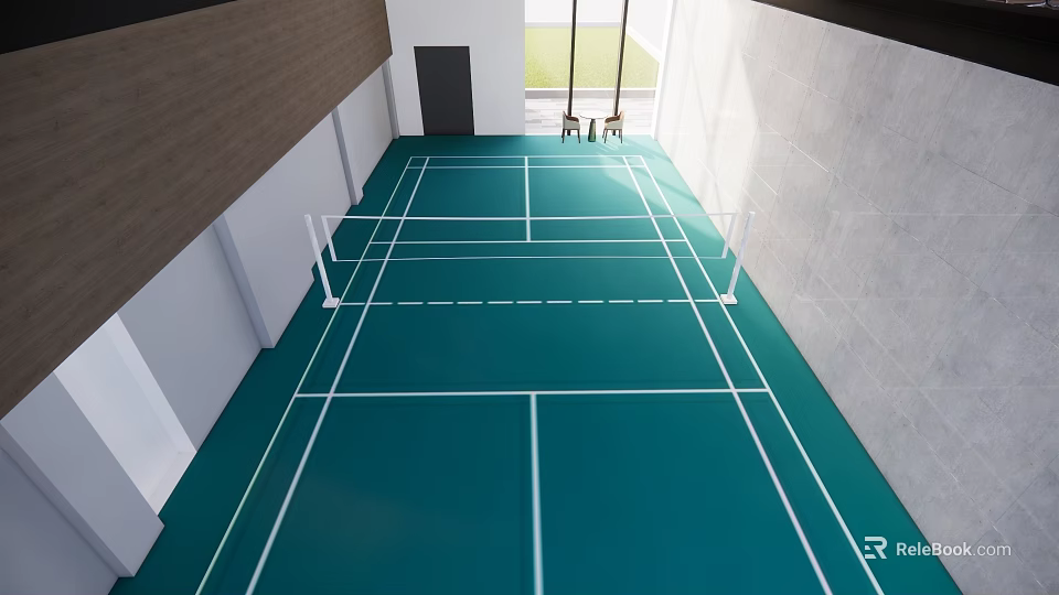Indoor Badminton Court With Green Floor And White Lines For Fitness Training 3d model 
