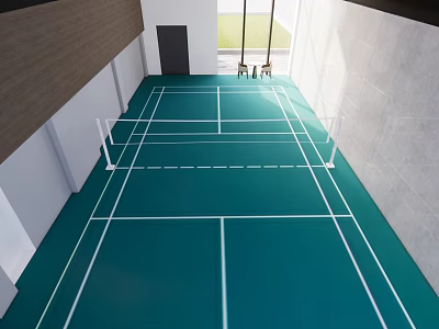 Indoor Badminton Court With Green Floor And White Lines For Fitness Training 3d model