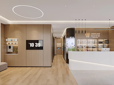Modern Commercial Interior With Wooden Walls Reception Clock And Shelves 3d model
