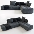 Modern Gray Sectional Sofa With Multiple Black Cushions And Soft Throw Blanket 3d model