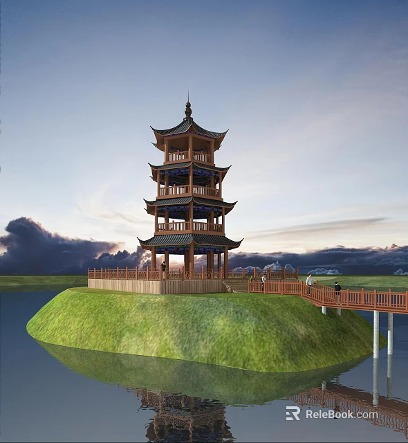 Scenic Landscape Featuring Multi Story Chinese Tower On Green Island With Water And Wooden Walkway 3d model 