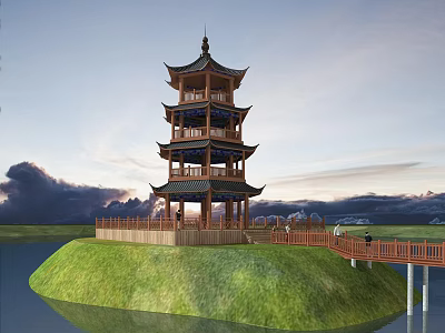 Scenic Landscape Featuring Multi Story Chinese Tower On Green Island With Water And Wooden Walkway 3d model