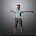 A Man In Blue Shirt With Headphones Stretching Arms Wearing Jeans And Brown Boots