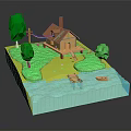 Cartoon Scene Featuring Small Wooden House Green Trees Grass Blue Water Wooden Bridge And Boat