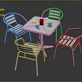 Modern Metal Outdoor Table Set With Four Striped Chairs Red Cups And White Saucers