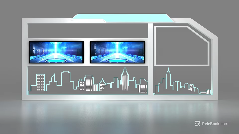 Modern Display Shelf With Two Screens Blue Light Effects And City Skyline Silhouette Design 3d model 