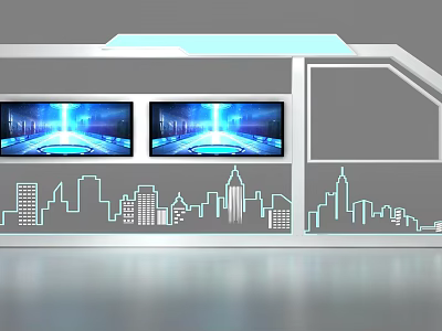 Modern Display Shelf With Two Screens Blue Light Effects And City Skyline Silhouette Design 3d model