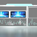 Modern Display Shelf With Two Screens Blue Light Effects And City Skyline Silhouette Design
