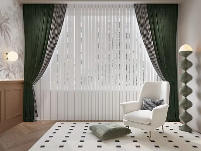 Green Curtains With White Blinds White Armchair Green Ottoman And Black White Checkered Rug 3d model