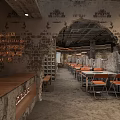 Industrial Vintage Hotpot Restaurant Interior With Weathered Brick Walls Arched Structure And Orange Chairs
