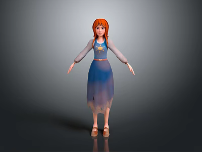 3D Animated Female Character With Red Hair Blue Gradient Dress Long Sleeves And Brown Shoes 3d model