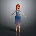 3D Animated Female Character With Red Hair Blue Gradient Dress Long Sleeves And Brown Shoes