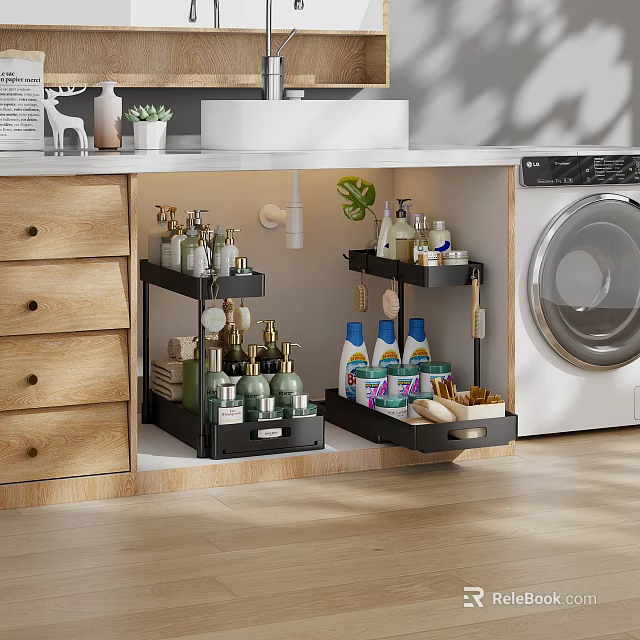 Organized Laundry Room Storage Area With Black Shelves Wooden Drawers And Cleaning Supplies 3d model 