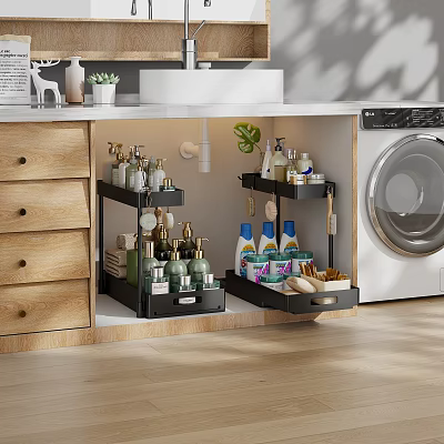 Organized Laundry Room Storage Area With Black Shelves Wooden Drawers And Cleaning Supplies 3d model