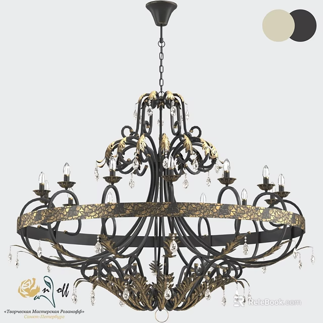 Ornate Black and Gold Metal Chandelier With Crystal Accents And Intricate Scrollwork 3d model 