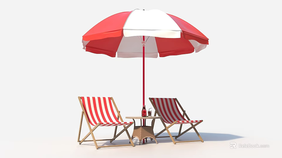 Outdoor Leisure Space With Red White Striped Umbrella Deck Chairs Small Table Drink Basket 3d model 