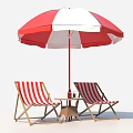 Outdoor Leisure Space With Red White Striped Umbrella Deck Chairs Small Table Drink Basket