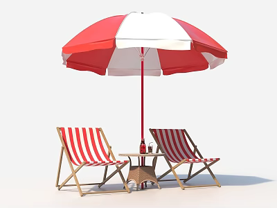 Outdoor Leisure Space With Red White Striped Umbrella Deck Chairs Small Table Drink Basket 3d model