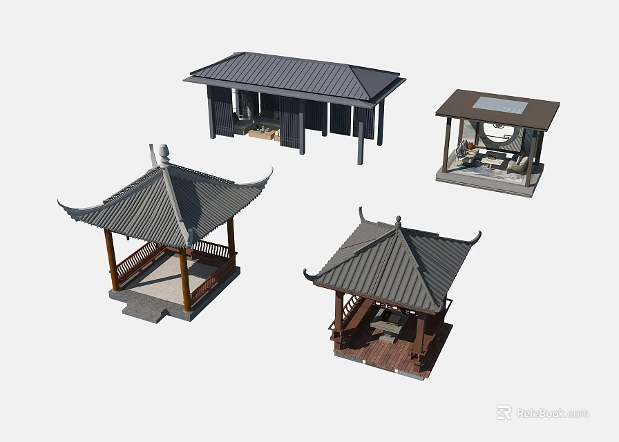 Traditional Chinese Pavilions With Various Roof Designs And Wooden Structures 3d model 