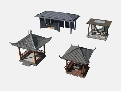 Traditional Chinese Pavilions With Various Roof Designs And Wooden Structures 3d model