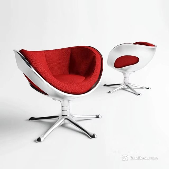Modern Stylish Accent Chairs With Red Cushion White Frame And Silver Metal Star Base 3d model 