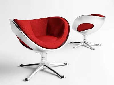 Modern Stylish Accent Chairs With Red Cushion White Frame And Silver Metal Star Base 3d model