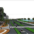 Vibrant Commercial Street With Modern Buildings Shops Pedestrians Cars Outdoor Seating And Greenery