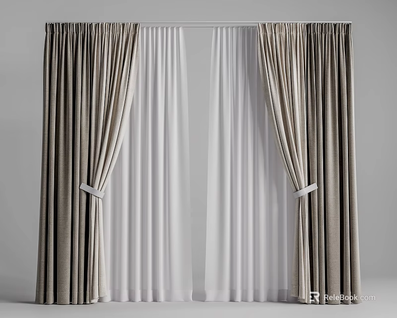 Modern Simple Double Layer Curtains With Beige Linen Outer And White Sheer Inner Tiebacks 3d model