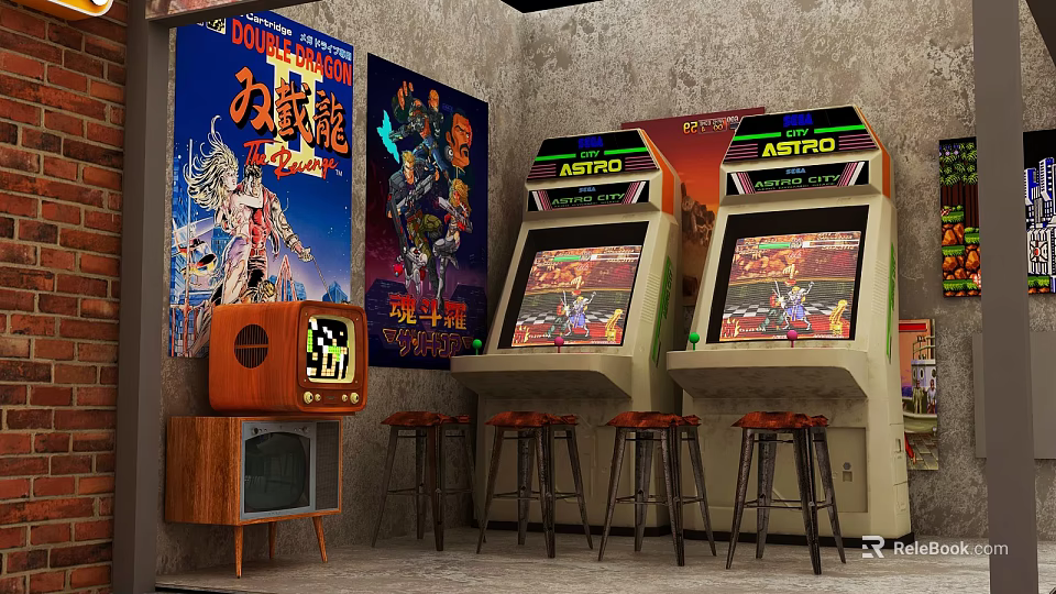 Retro Arcade Room With Classic Machines Vintage TV Posters And Bar Stools 3d model 