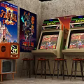 Retro Arcade Room With Classic Machines Vintage TV Posters And Bar Stools