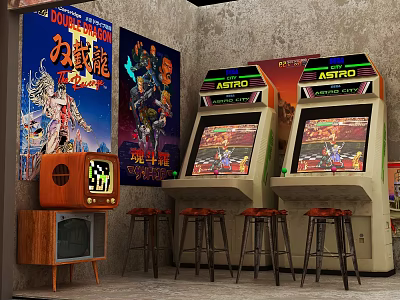 Retro Arcade Room With Classic Machines Vintage TV Posters And Bar Stools 3d model