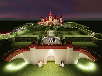 Enchanting Park Landscape With Red Roofed Castle Lush Green Gardens And Illuminated Bridge 3d model