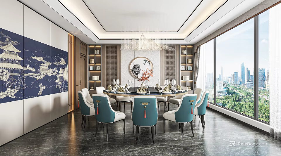 Chinese Style Private Dining Room With Round Table Chairs Chandelier Bookshelves And City View 3d model 