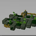 3D Maze Structure With Green Blocks Yellow Pipes Small Trees And White Grid