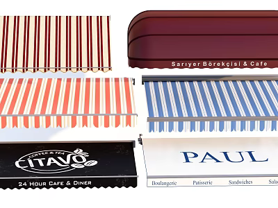 Various Colorful Striped Awnings With Shop Signage For Outdoor Cafes And Restaurants 3d model