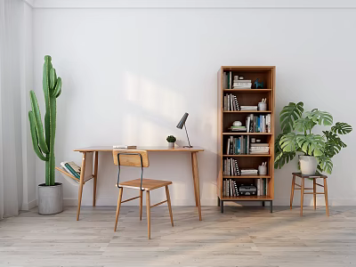 Nordic Style Desk and Chair Room Desk Bookcase Combination 3d model