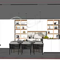 Modern Elegant Open Restaurant Interior With Pendant Lights Dining Table Chairs And Marble Wine Cabinets