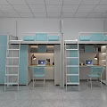 Blue And White Dormitory Interior With Bunk Beds Lockers And Window Lighting 3d model