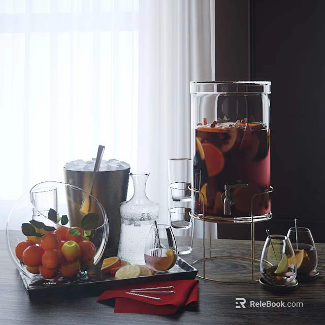 Ceramic Serveware Display With Fresh Fruit And Refreshing Beverage Fruit Slices And Bright Lighting Setup 3d model